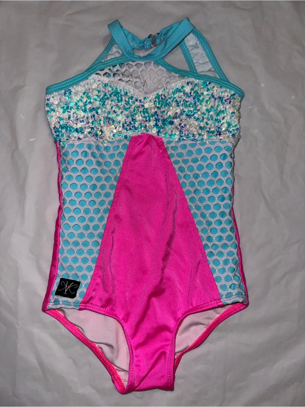 Girls Sequin Mesh Dance Leotard in Hot Pink and Aqua